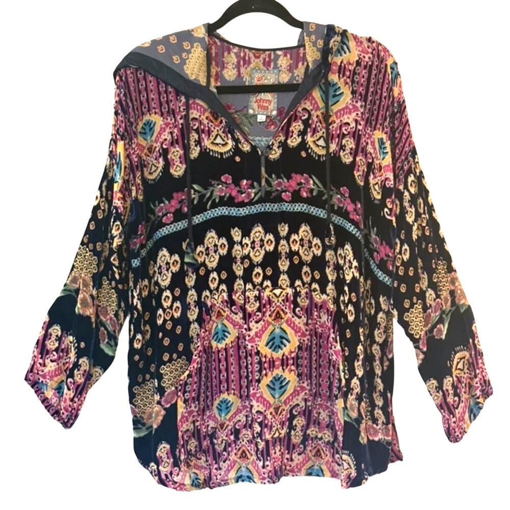 Johnny Was UNIQUE velvet burnout tunic with front pouch and hoodie XS